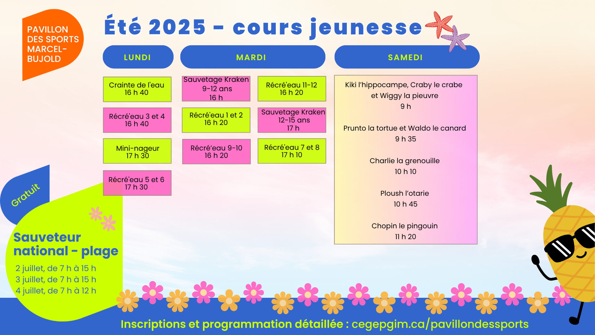 Tableau prog jeunesse É2025 pavillon sports Marcel Bujold Gaspé 89950